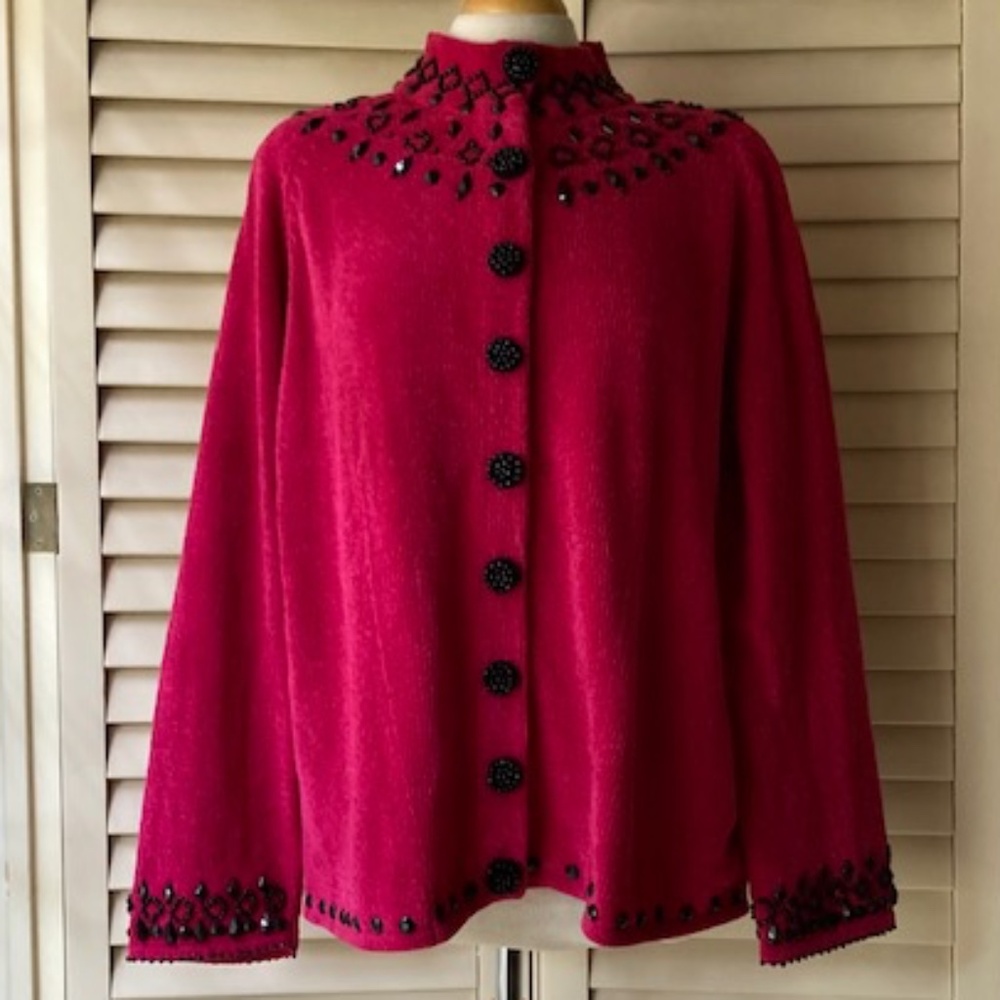 Lisa Nichols Dark Pink Beaded Cardigan NWT
